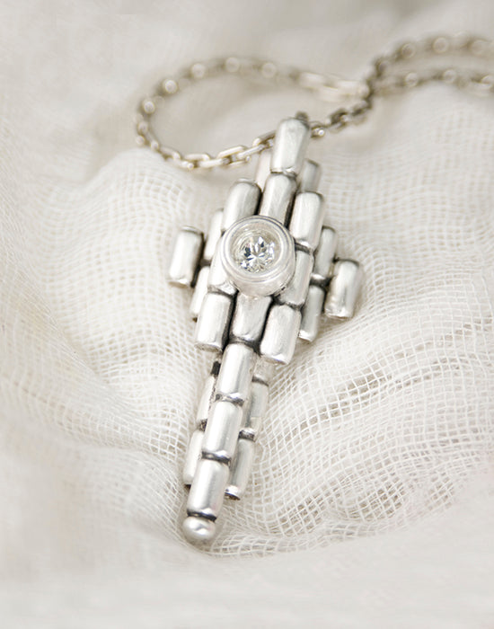 THE BAMBOO CROSS LONG. STERLING SILVER WITH AQUAMARINE ON STERLING SILVER CHAIN - Ragazza Di Maria (Mary's Girl)