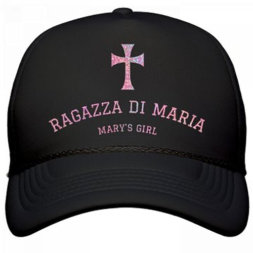 BLACK RAGAZZA DI MARIA HAT WITH GLITTER-PINK NAME AND CROSS