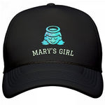 BLACK MARY'S GIRL CAP WITH NEON LETTERS AND BLUE GLITTER SHEEN SAINT IMAGE