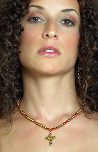 THE CITRINE CROSS, 18K GOLD VERMEIL ON PEARL STRAND. ON SALE! - Ragazza Di Maria (Mary's Girl)