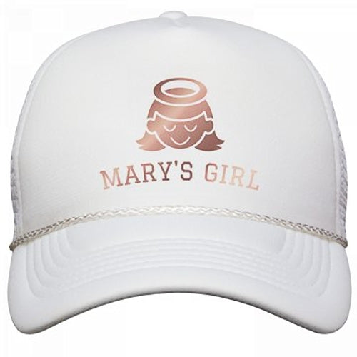 THE MARY'S GIRL HAT WITH OPAL ROSE TEXT AND SAINT ICON IN WHITE