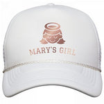THE MARY'S GIRL HAT WITH OPAL ROSE TEXT AND SAINT ICON IN WHITE