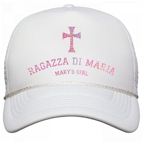THE RAGAZZA DI MARIA/MARY'S GIRL CROSS HAT IN WHITE WITH "GLITTER PINK" TEXT AND CROSS