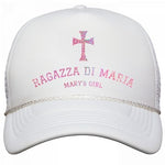 THE RAGAZZA DI MARIA/MARY'S GIRL CROSS HAT IN WHITE WITH "GLITTER PINK" TEXT AND CROSS