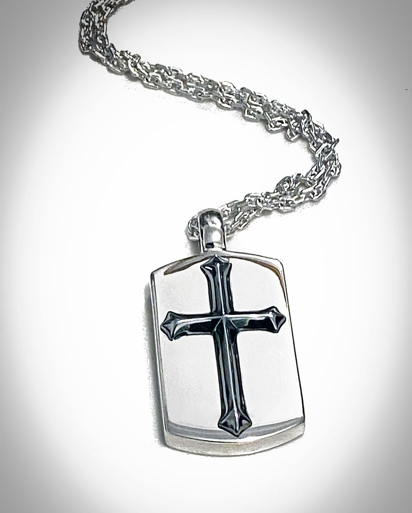 BEAUTIFUL STERLING SILVER DOG-TAG WITH EMBOSSED CROSS AND CHAIN