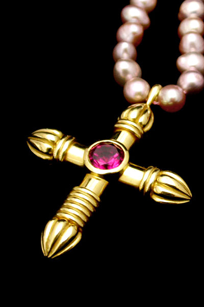 RADIANCE CROSS 18K GOLD AND PINK TOURMALINE GEMSTONE WITH PEARLS