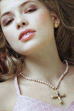 RADIANCE CROSS 18K GOLD AND PINK TOURMALINE GEMSTONE WITH PEARLS - Ragazza Di Maria (Mary's Girl)