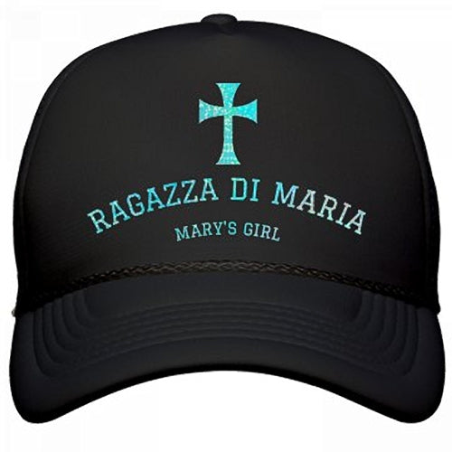 BLACK RAGAZZA DI MARIA CAP WITH BLUE "GLITTER SHEEN" TYPE AND CROSS