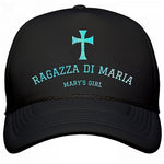 BLACK RAGAZZA DI MARIA CAP WITH BLUE "GLITTER SHEEN" TYPE AND CROSS