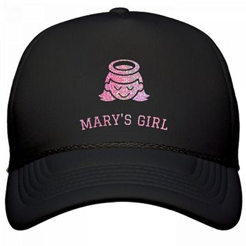 BLACK MARY'S GIRL HAT WITH  SAINT ICON AND LETTERING WITH A "PINK GLITTER" SHEEN