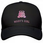 BLACK MARY'S GIRL HAT WITH  SAINT ICON AND LETTERING WITH A "PINK GLITTER" SHEEN