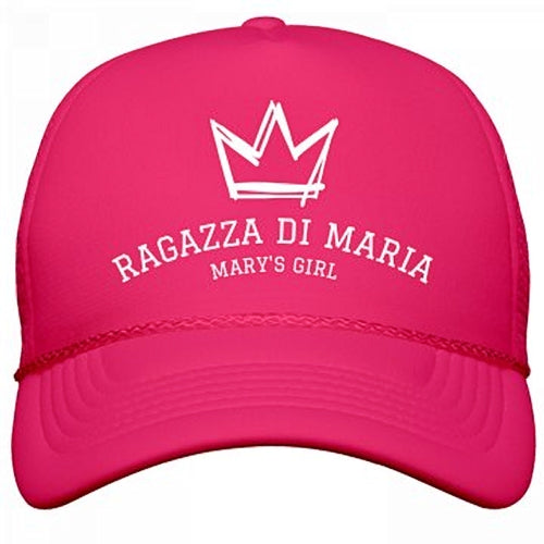 THE RAGAZZA DI MARIA/MARY'S GIRL CAP IN HOT PINK WITH WHITE DRAWN CROWN AND LETTERING