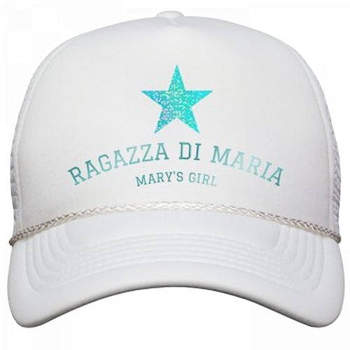 THE RAGAZZA DI MARIA/MARY'S GIRL STAR HAT IN WHITE WITH GLITTER BLUE TYPE AND STAR