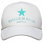 THE RAGAZZA DI MARIA/MARY'S GIRL STAR HAT IN WHITE WITH GLITTER BLUE TYPE AND STAR