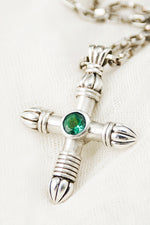 STERLING SILVER CROSS  WITH GEM-CUT GREEN TOURMALINE ON LUXURY WEIGHT STERLING SILVER CHAIN - Ragazza Di Maria (Mary's Girl)